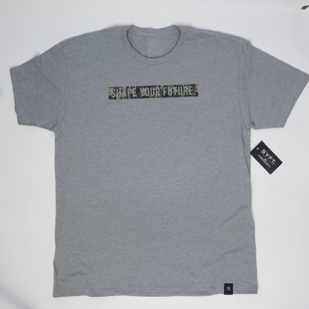 CAMO PRINT BLOCK INFILL TEE - DARK HEATHER GREY - Shape Your Future. Apparel